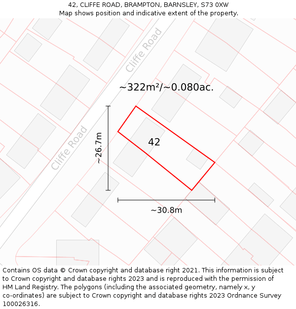42, CLIFFE ROAD, BRAMPTON, BARNSLEY, S73 0XW: Plot and title map