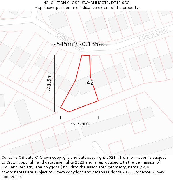42, CLIFTON CLOSE, SWADLINCOTE, DE11 9SQ: Plot and title map
