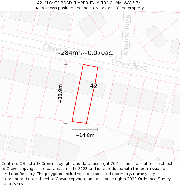42, CLOVER ROAD, TIMPERLEY, ALTRINCHAM, WA15 7NL: Plot and title map