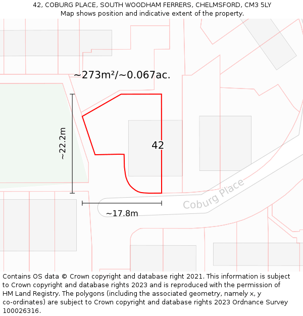 42, COBURG PLACE, SOUTH WOODHAM FERRERS, CHELMSFORD, CM3 5LY: Plot and title map