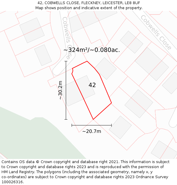 42, COBWELLS CLOSE, FLECKNEY, LEICESTER, LE8 8UF: Plot and title map