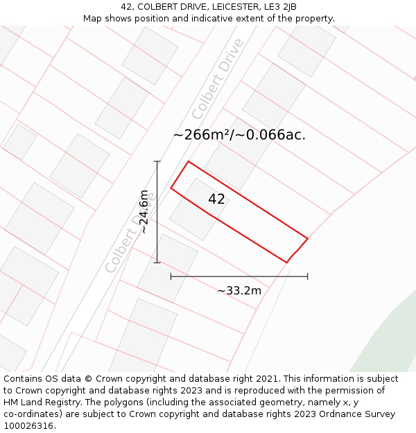 42, COLBERT DRIVE, LEICESTER, LE3 2JB: Plot and title map