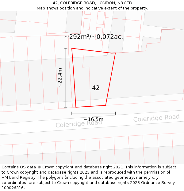 42, COLERIDGE ROAD, LONDON, N8 8ED: Plot and title map