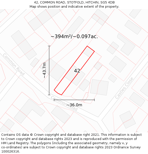 42, COMMON ROAD, STOTFOLD, HITCHIN, SG5 4DB: Plot and title map