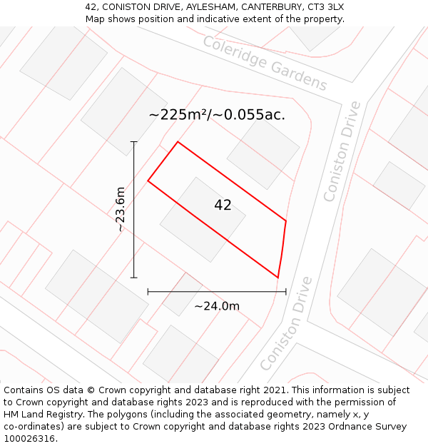 42, CONISTON DRIVE, AYLESHAM, CANTERBURY, CT3 3LX: Plot and title map