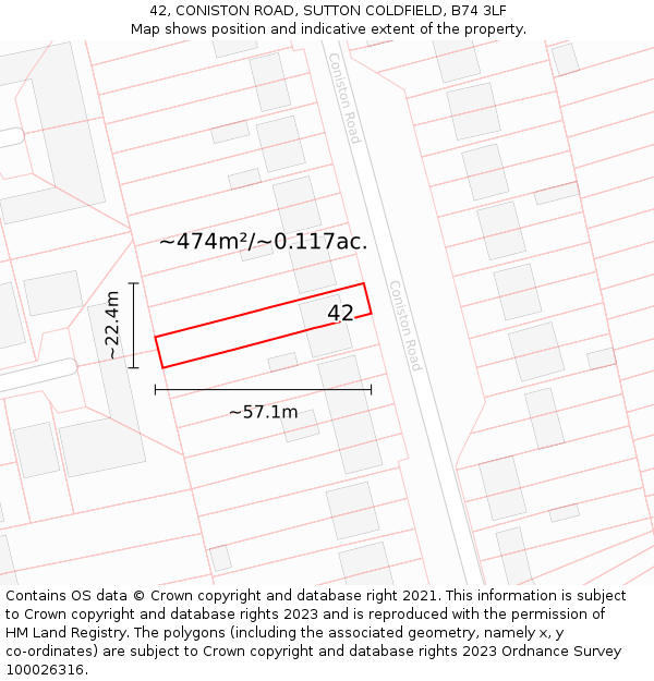 42, CONISTON ROAD, SUTTON COLDFIELD, B74 3LF: Plot and title map