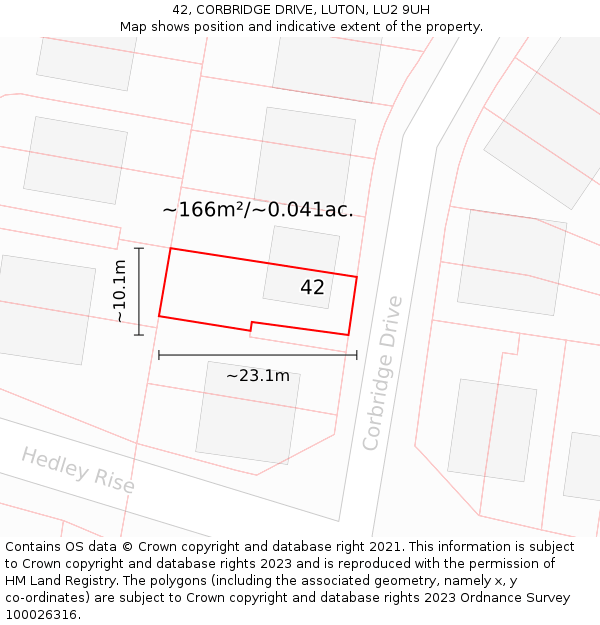 42, CORBRIDGE DRIVE, LUTON, LU2 9UH: Plot and title map
