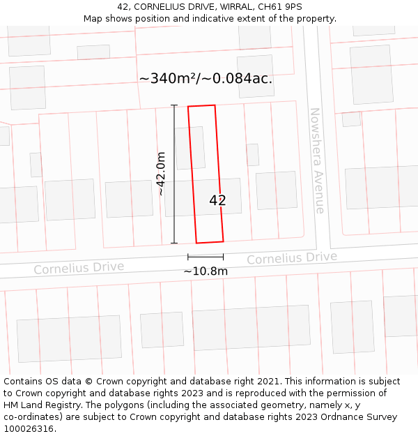 42, CORNELIUS DRIVE, WIRRAL, CH61 9PS: Plot and title map