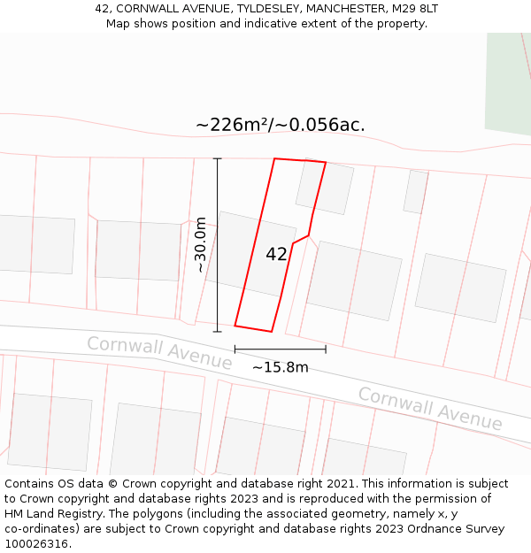 42, CORNWALL AVENUE, TYLDESLEY, MANCHESTER, M29 8LT: Plot and title map