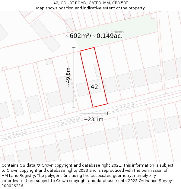 42, COURT ROAD, CATERHAM, CR3 5RE: Plot and title map