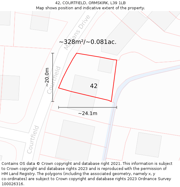 42, COURTFIELD, ORMSKIRK, L39 1LB: Plot and title map