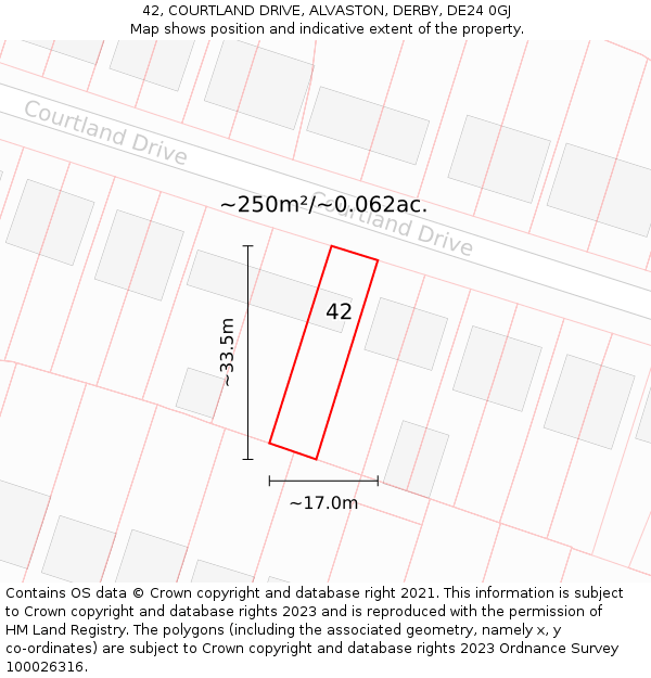42, COURTLAND DRIVE, ALVASTON, DERBY, DE24 0GJ: Plot and title map