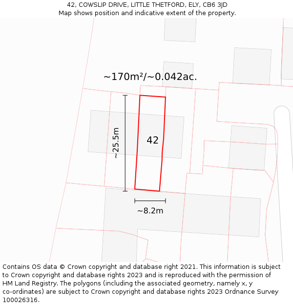 42, COWSLIP DRIVE, LITTLE THETFORD, ELY, CB6 3JD: Plot and title map