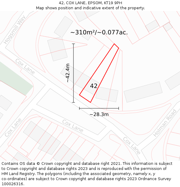 42, COX LANE, EPSOM, KT19 9PH: Plot and title map