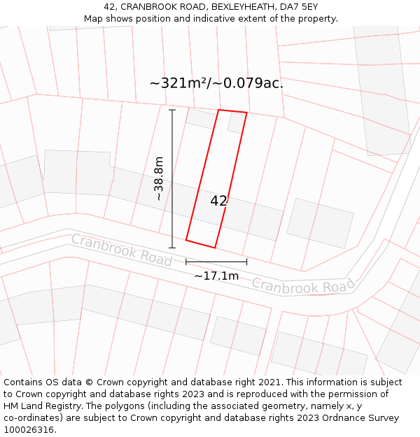 42, CRANBROOK ROAD, BEXLEYHEATH, DA7 5EY: Plot and title map
