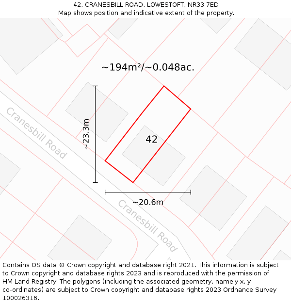 42, CRANESBILL ROAD, LOWESTOFT, NR33 7ED: Plot and title map