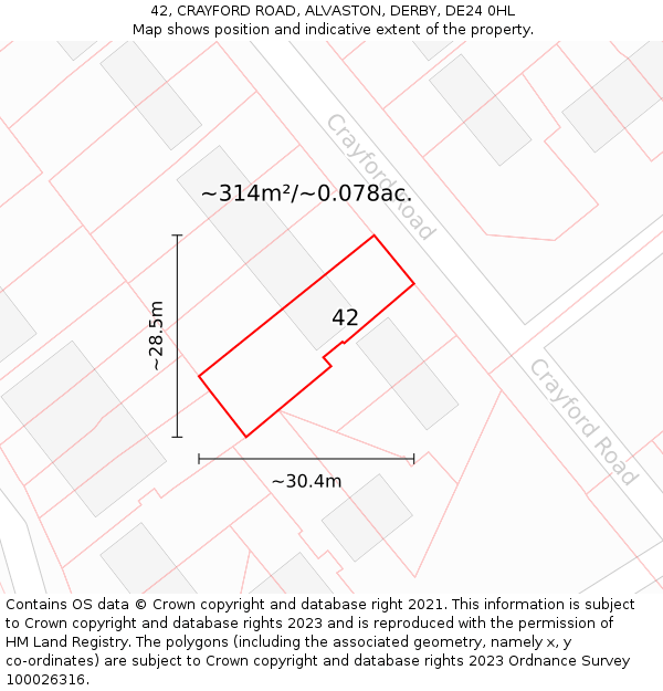 42, CRAYFORD ROAD, ALVASTON, DERBY, DE24 0HL: Plot and title map