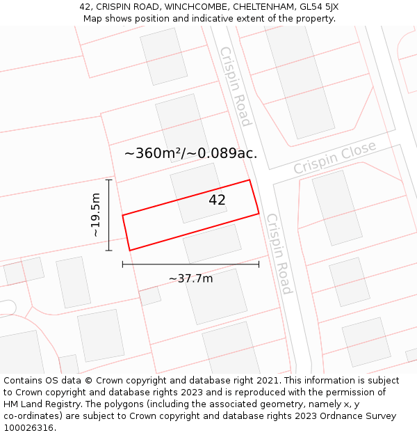 42, CRISPIN ROAD, WINCHCOMBE, CHELTENHAM, GL54 5JX: Plot and title map