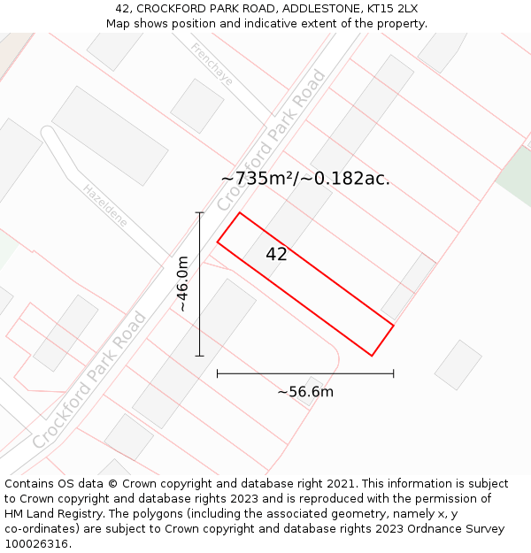42, CROCKFORD PARK ROAD, ADDLESTONE, KT15 2LX: Plot and title map