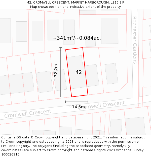 42, CROMWELL CRESCENT, MARKET HARBOROUGH, LE16 9JP: Plot and title map
