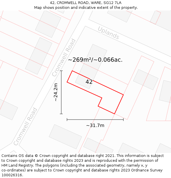 42, CROMWELL ROAD, WARE, SG12 7LA: Plot and title map