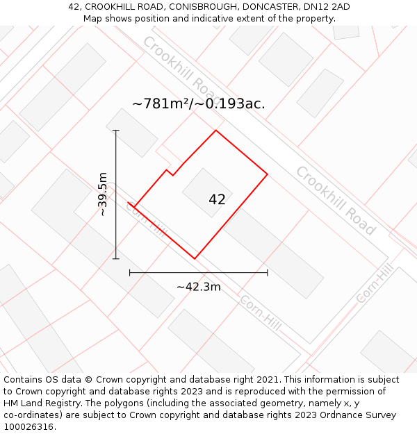 42, CROOKHILL ROAD, CONISBROUGH, DONCASTER, DN12 2AD: Plot and title map