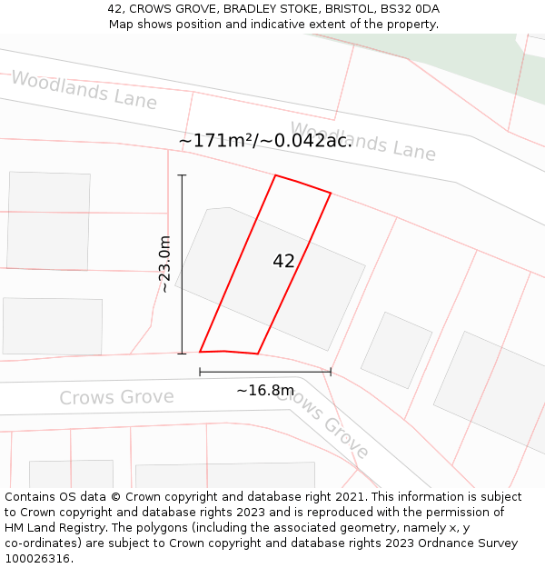 42, CROWS GROVE, BRADLEY STOKE, BRISTOL, BS32 0DA: Plot and title map