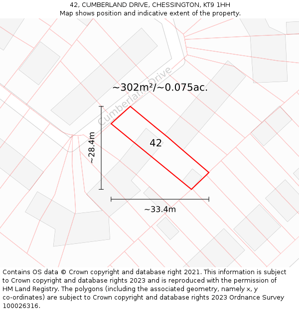 42, CUMBERLAND DRIVE, CHESSINGTON, KT9 1HH: Plot and title map
