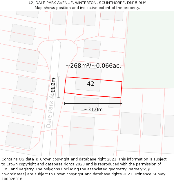 42, DALE PARK AVENUE, WINTERTON, SCUNTHORPE, DN15 9UY: Plot and title map