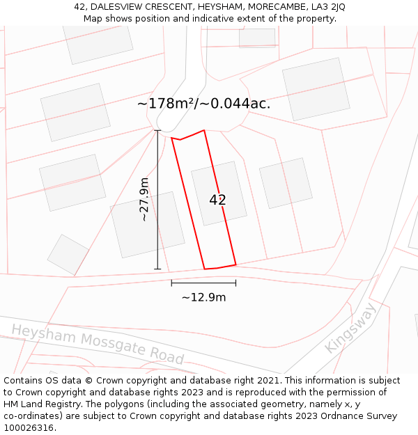 42, DALESVIEW CRESCENT, HEYSHAM, MORECAMBE, LA3 2JQ: Plot and title map