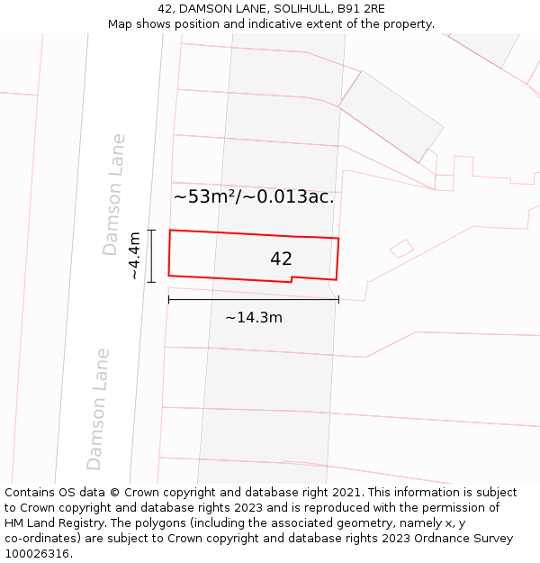 42, DAMSON LANE, SOLIHULL, B91 2RE: Plot and title map