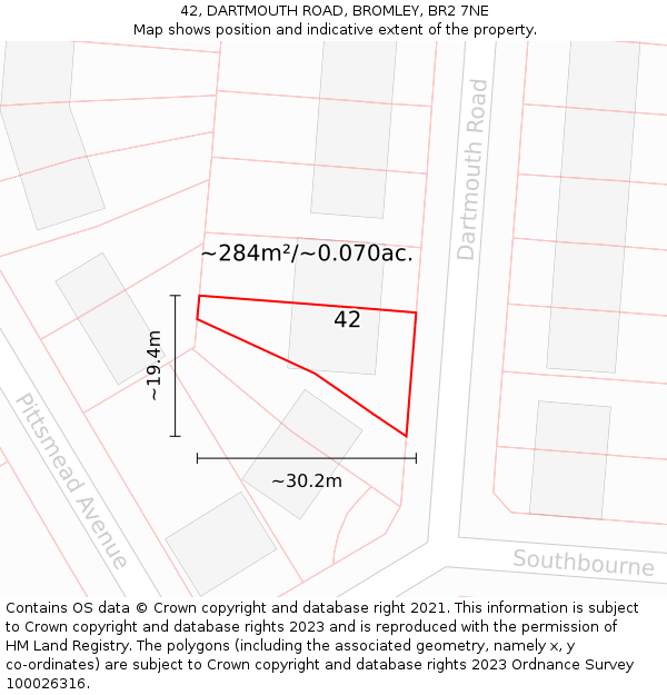 42, DARTMOUTH ROAD, BROMLEY, BR2 7NE: Plot and title map