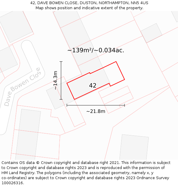 42, DAVE BOWEN CLOSE, DUSTON, NORTHAMPTON, NN5 4US: Plot and title map