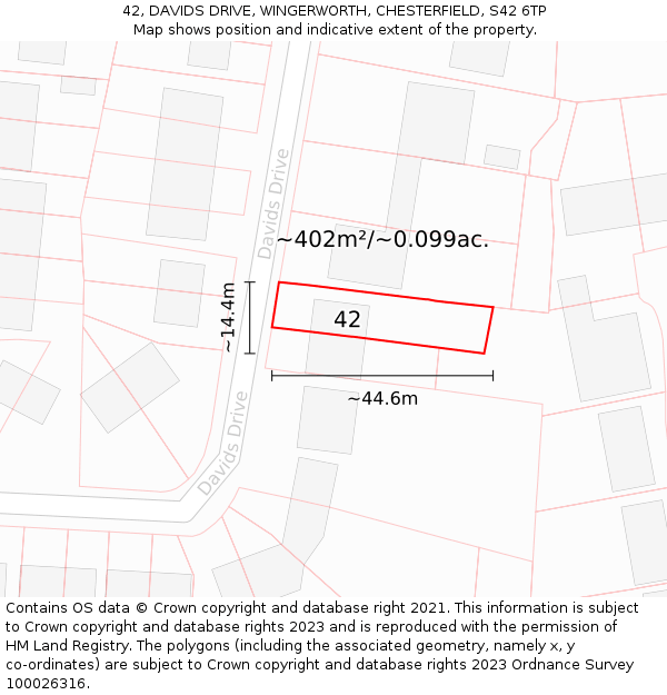42, DAVIDS DRIVE, WINGERWORTH, CHESTERFIELD, S42 6TP: Plot and title map