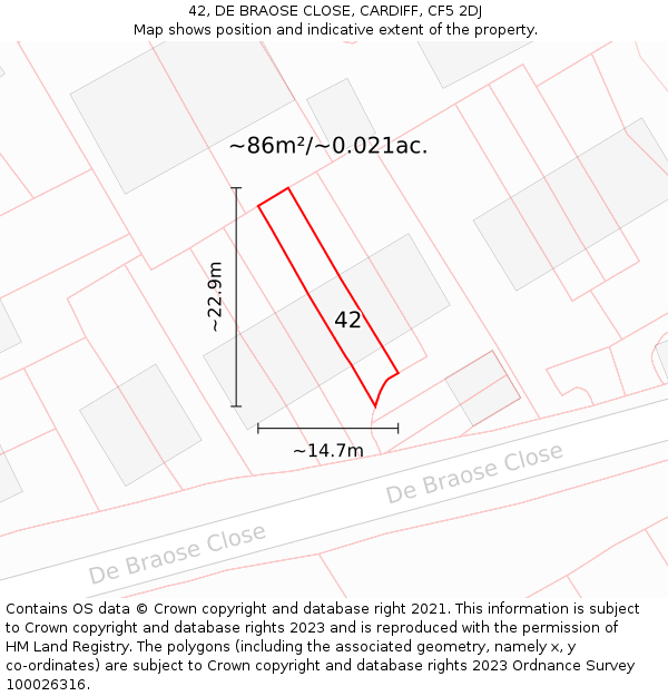 42, DE BRAOSE CLOSE, CARDIFF, CF5 2DJ: Plot and title map