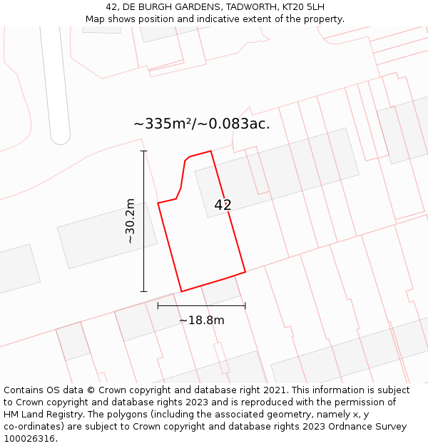 42, DE BURGH GARDENS, TADWORTH, KT20 5LH: Plot and title map