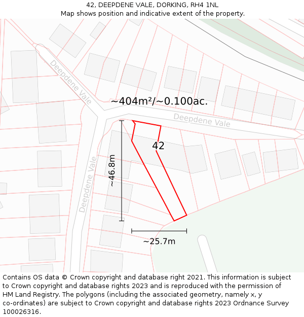 42, DEEPDENE VALE, DORKING, RH4 1NL: Plot and title map