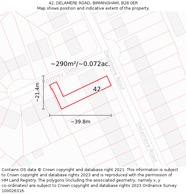 42, DELAMERE ROAD, BIRMINGHAM, B28 0ER: Plot and title map