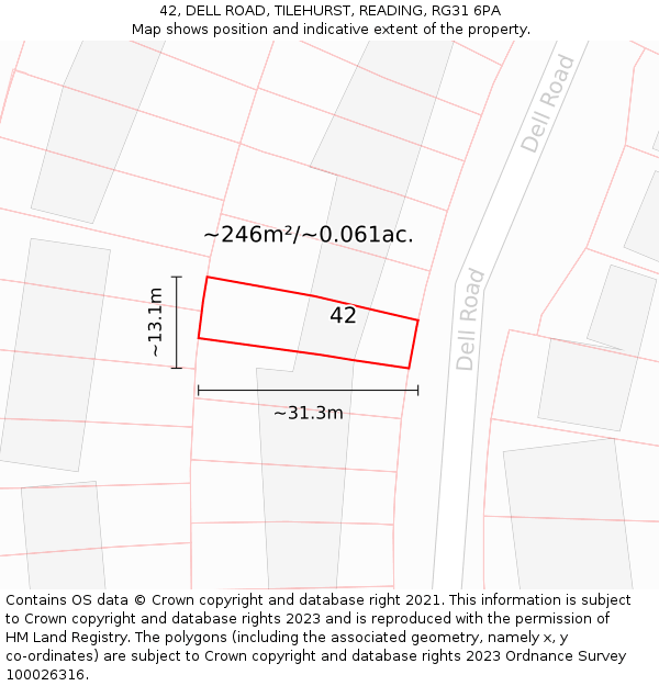 42, DELL ROAD, TILEHURST, READING, RG31 6PA: Plot and title map
