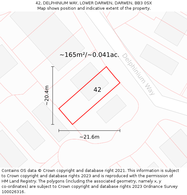 42, DELPHINIUM WAY, LOWER DARWEN, DARWEN, BB3 0SX: Plot and title map