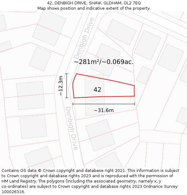 42, DENBIGH DRIVE, SHAW, OLDHAM, OL2 7EQ: Plot and title map