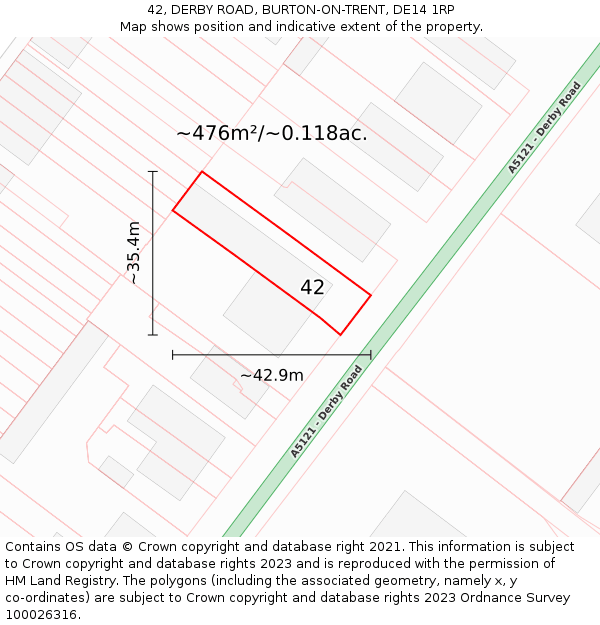 42, DERBY ROAD, BURTON-ON-TRENT, DE14 1RP: Plot and title map