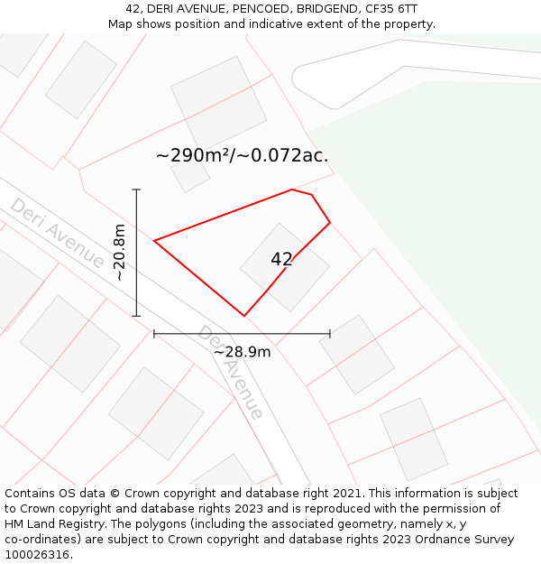 42, DERI AVENUE, PENCOED, BRIDGEND, CF35 6TT: Plot and title map