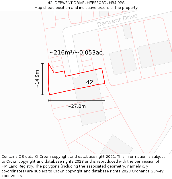 42, DERWENT DRIVE, HEREFORD, HR4 9PS: Plot and title map