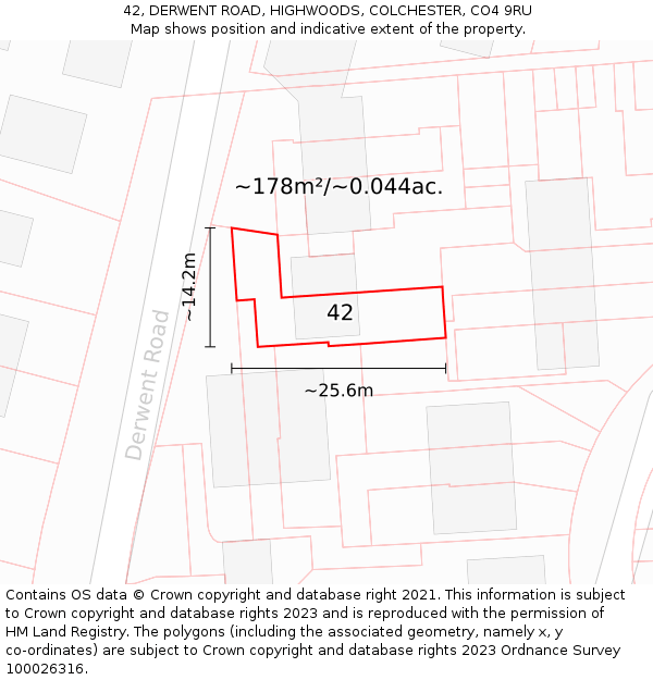 42, DERWENT ROAD, HIGHWOODS, COLCHESTER, CO4 9RU: Plot and title map