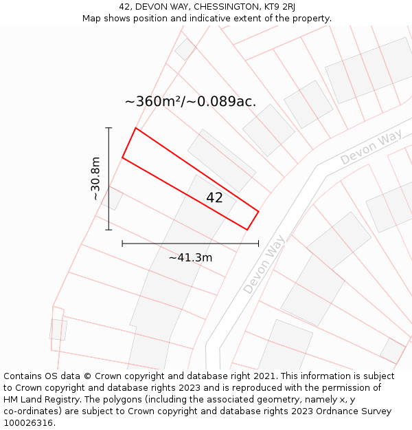 42, DEVON WAY, CHESSINGTON, KT9 2RJ: Plot and title map