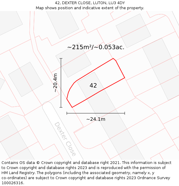 42, DEXTER CLOSE, LUTON, LU3 4DY: Plot and title map