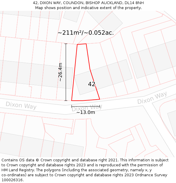 42, DIXON WAY, COUNDON, BISHOP AUCKLAND, DL14 8NH: Plot and title map