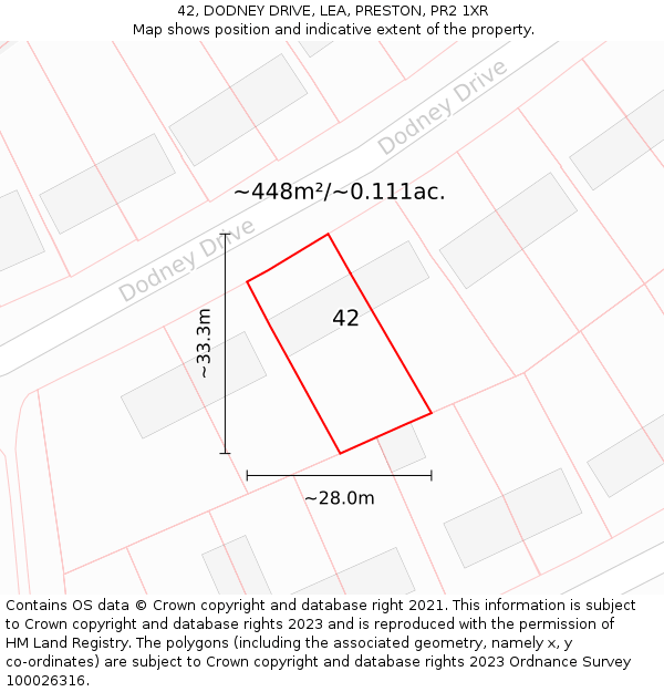 42, DODNEY DRIVE, LEA, PRESTON, PR2 1XR: Plot and title map