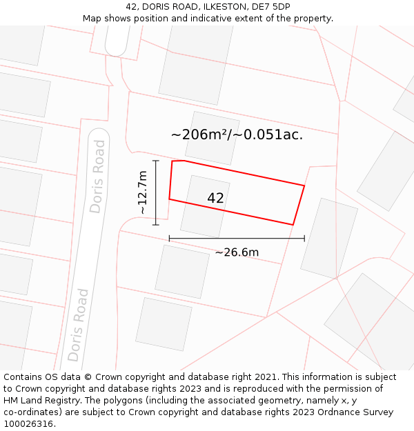 42, DORIS ROAD, ILKESTON, DE7 5DP: Plot and title map